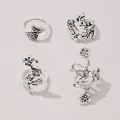Boho Flower Stackable Leaf Finger Rings Set of 4