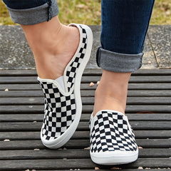 Women's Checkerboard Flat Mules Slip-On Canvas Shoes