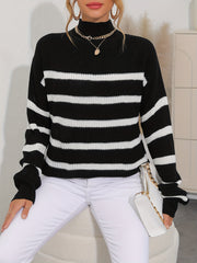 Striped Mock Neck Pullover Sweater for Women