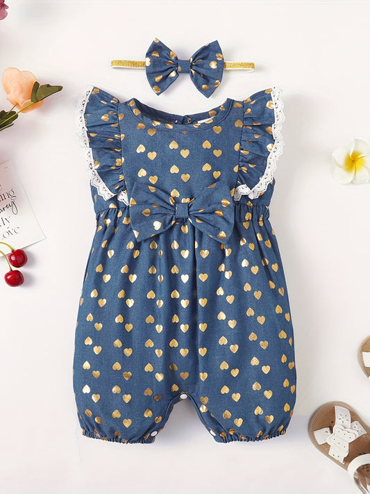 2pcs Baby Girls Heart Print Romper & Headband Set