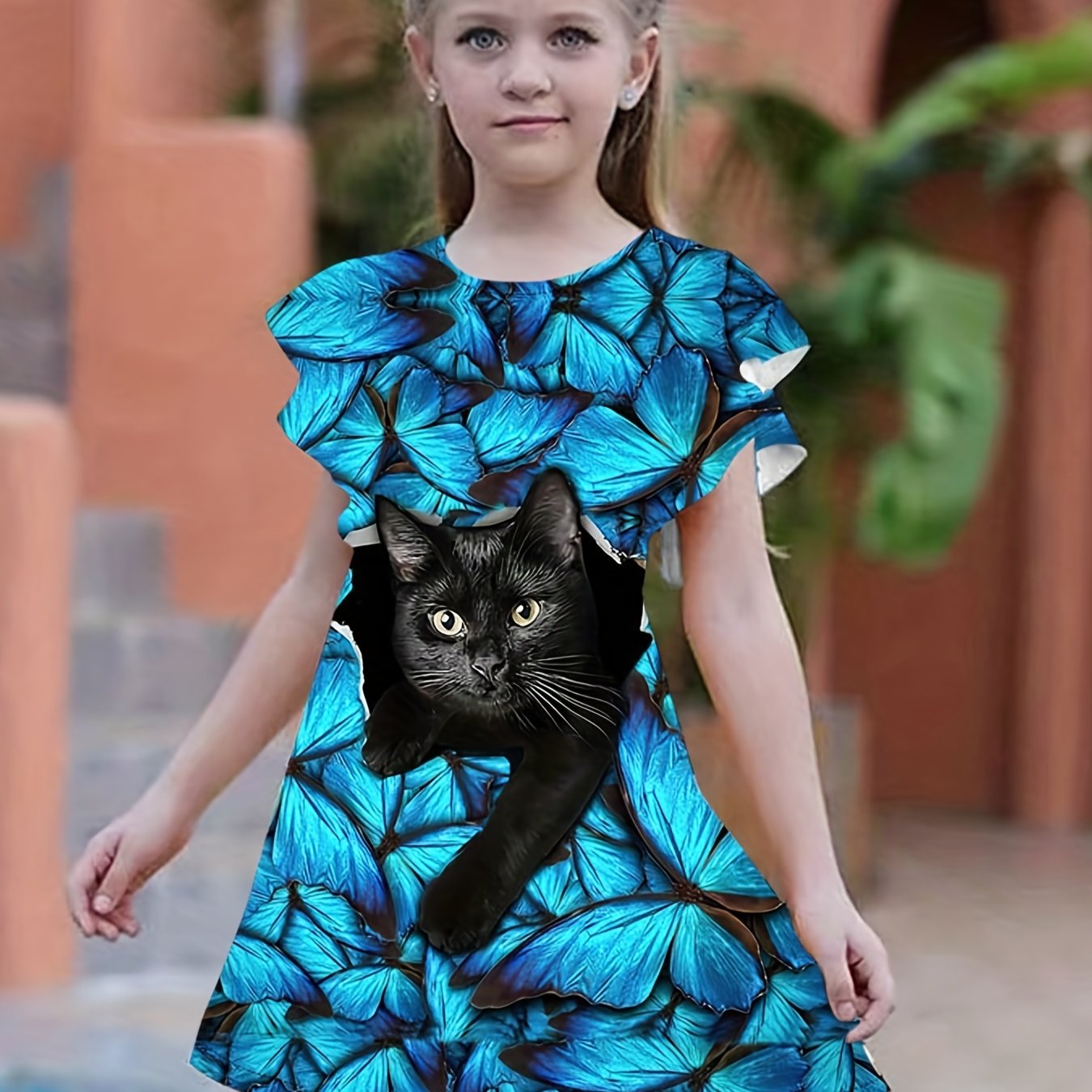 Kitty Graphic Ruffle Short Sleeve Dress Girls Clothes Party