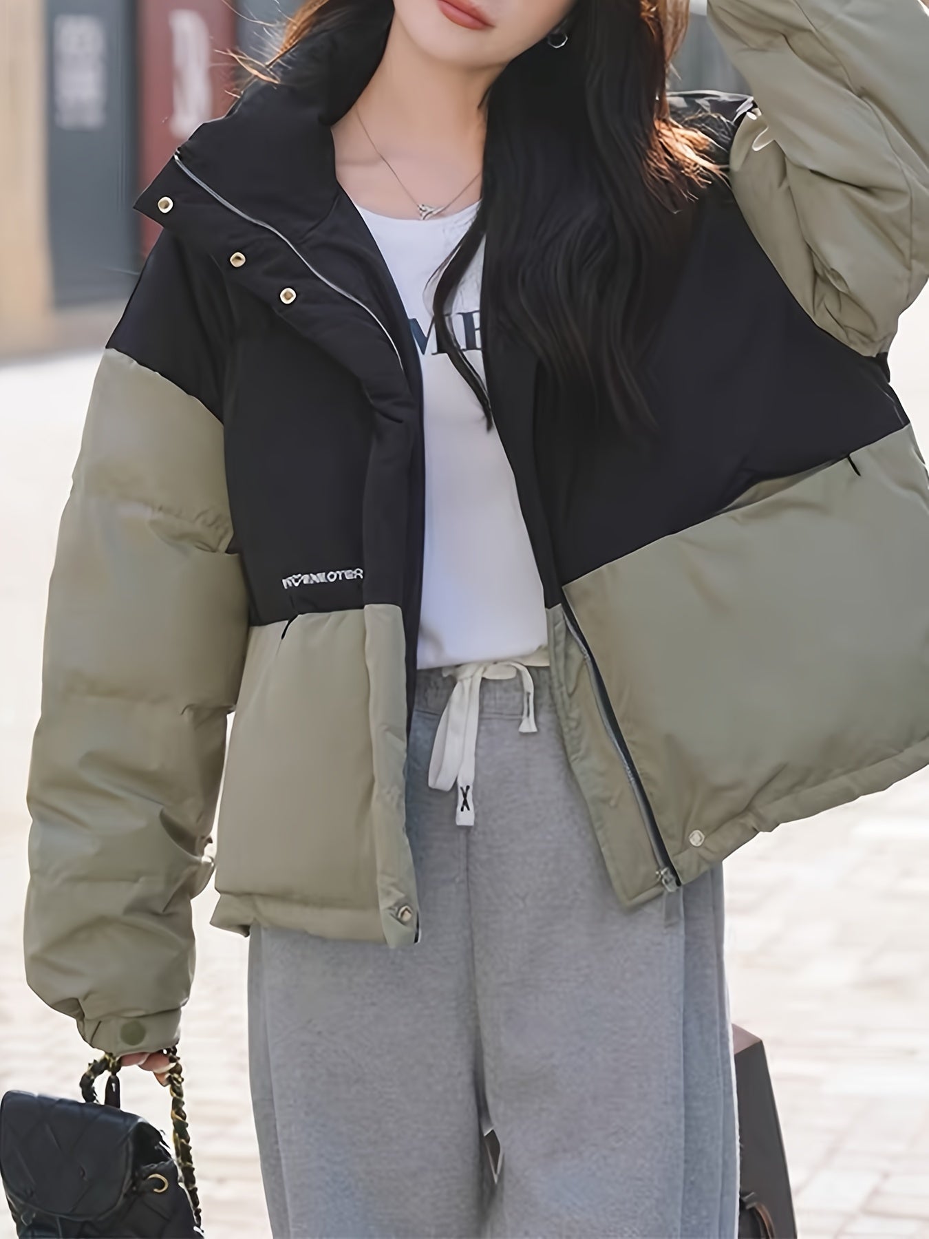 Block Stand Collar Puffer Jacket Coat Zip Up Warm Short Jacket Coat