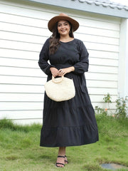 Women's Plus Solid Lantern Sleeve Maxi Dress With Belt