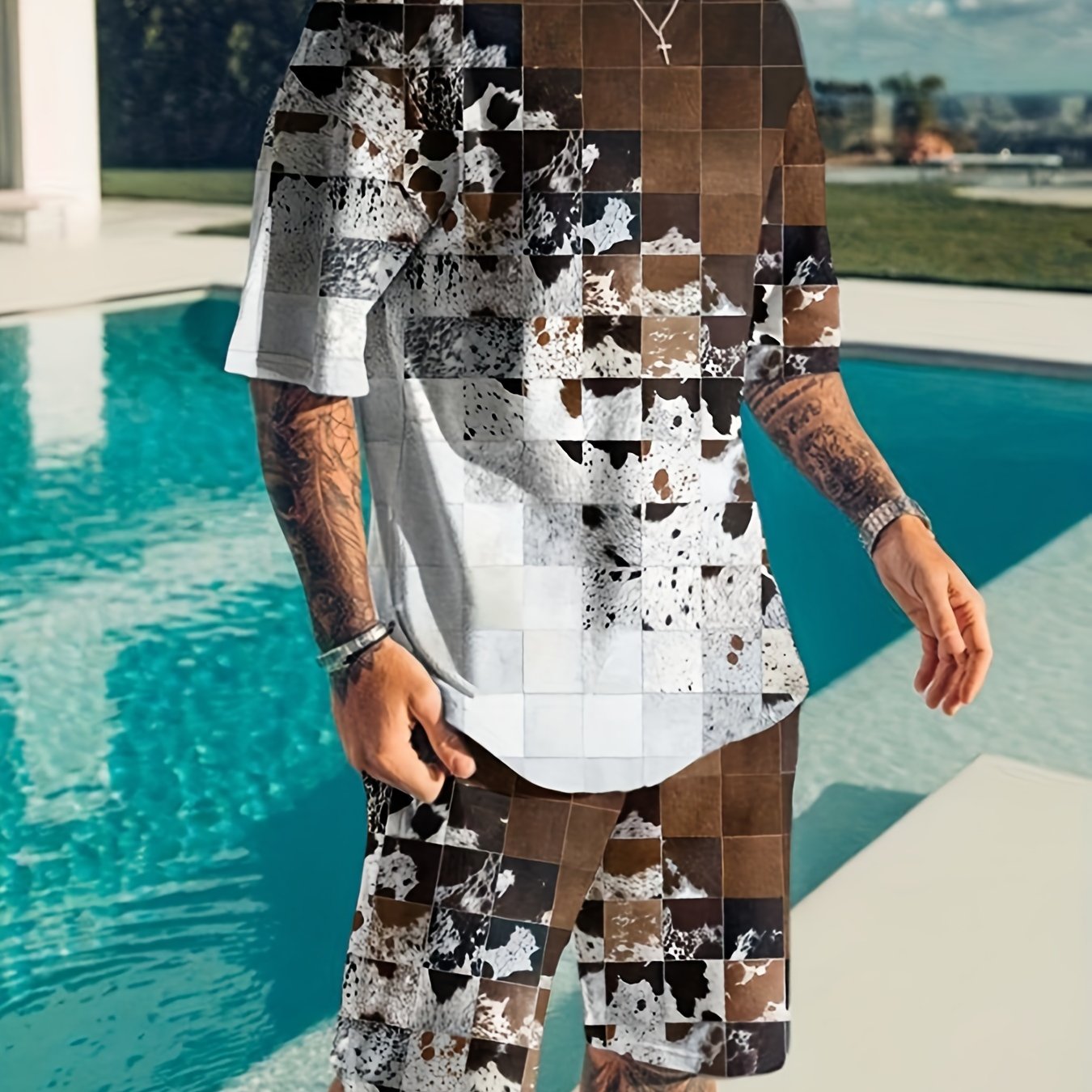 Men's Block Graphic T-shirt & Stretch Breathable Shorts for Outdoor