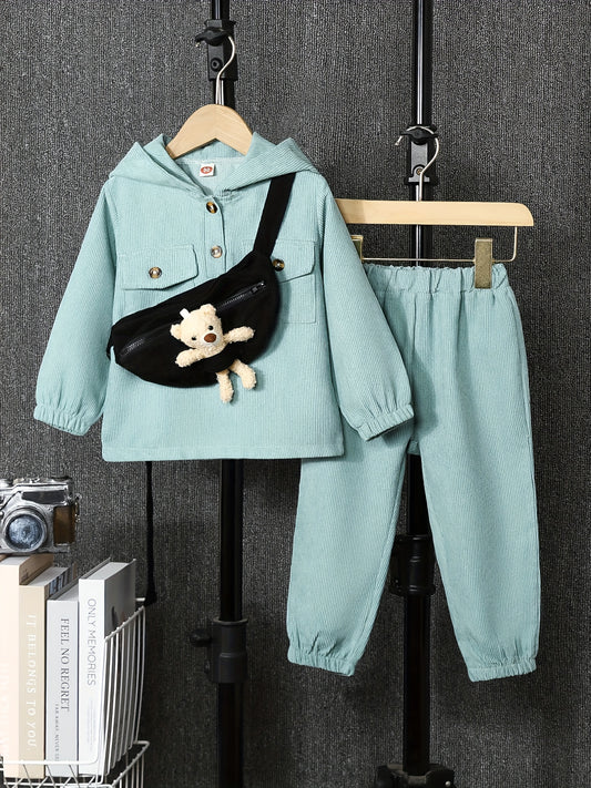 3pcs Teen Casual Pocket Front Hoodie & Pants & Sling Bag Set