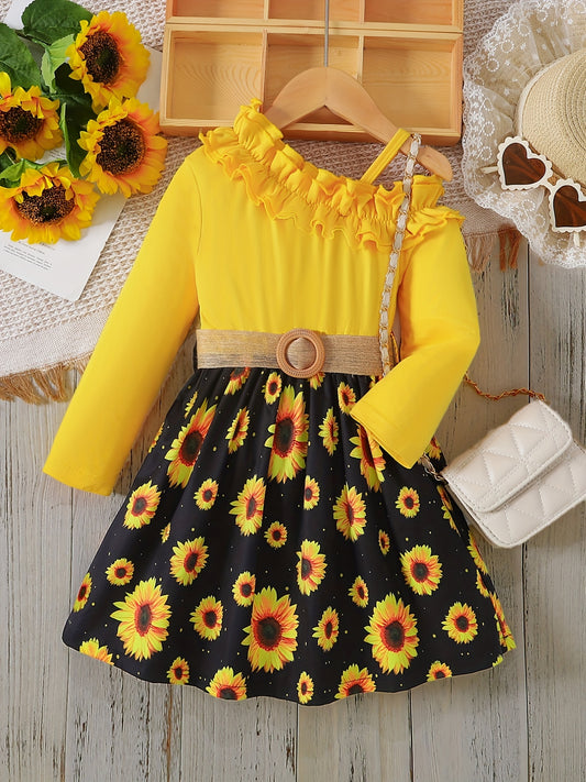 Girls' Sunflower Frill One Shoulder Dress Set & Belt