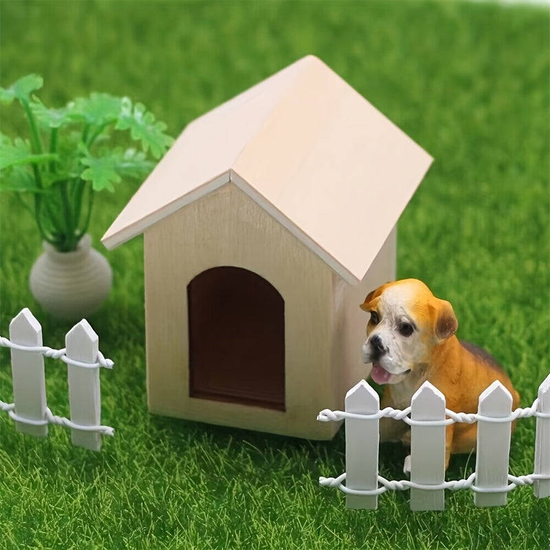 Wooden Dog House Model Toy with Puppy for Dollhouse Decor