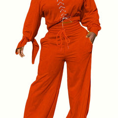  Solid Knot One Shoulder Top & Wide Leg Pants Outfit