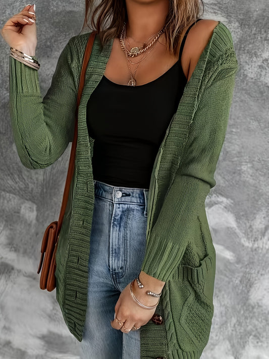  Solid Long Sleeve Open Front Cardigan With Pockets