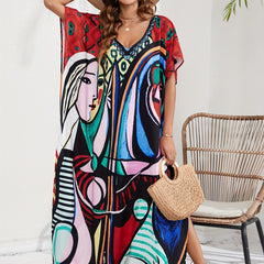  Abstract Face Print Kaftan Maxi Cover Up