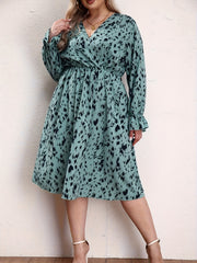  Leopard Print Lantern Sleeve Surplice Neck Dress