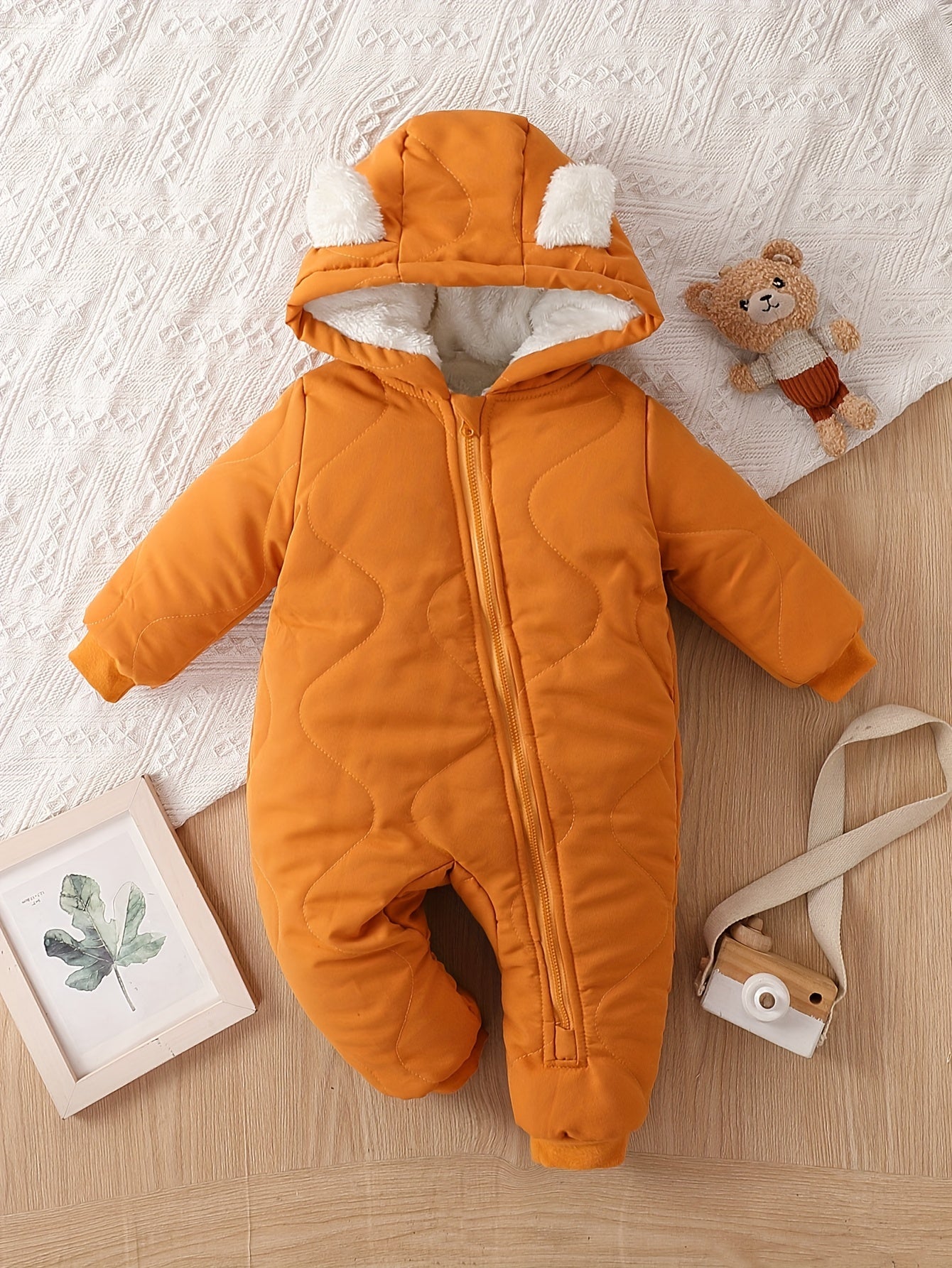 Infant Hooded Thick Romper Long Sleeve Zipper Thermal Jumpsuit