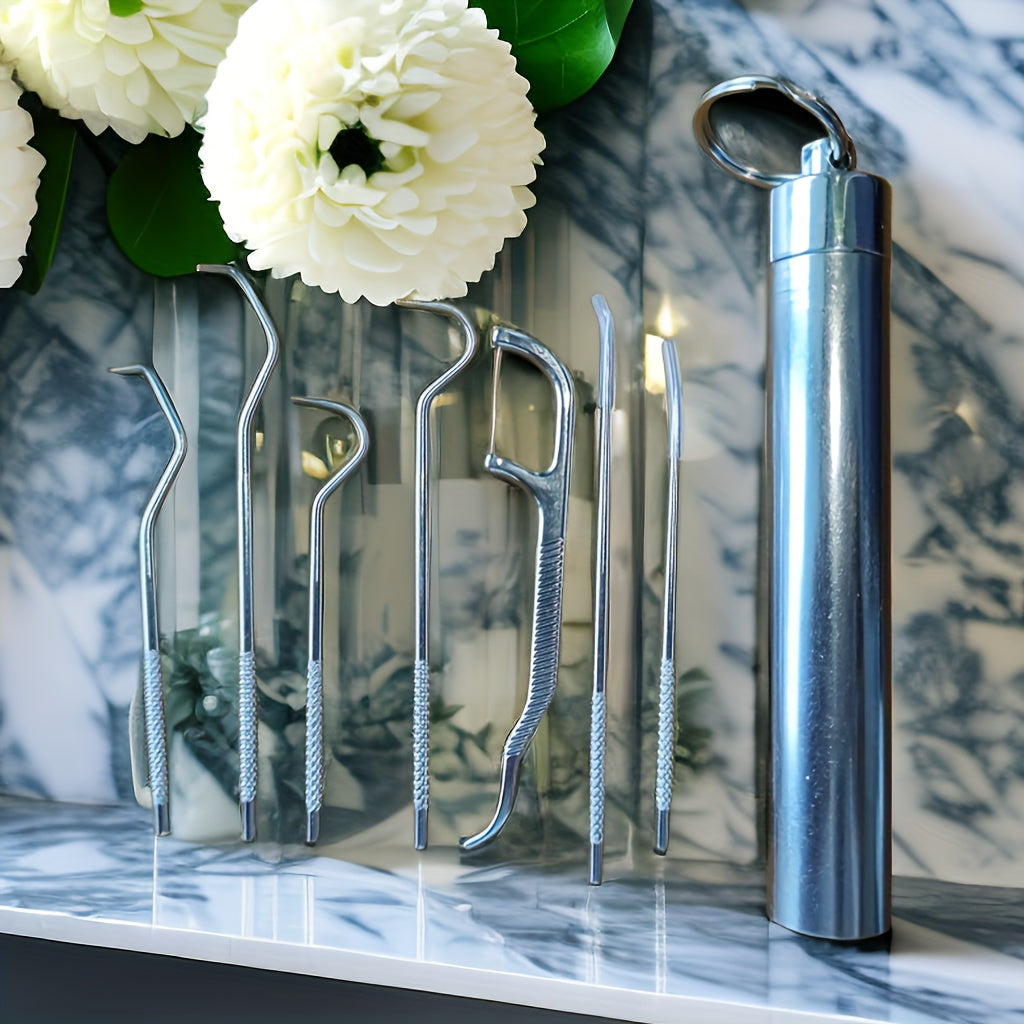 Stainless Steel Toothpick Dental Floss Set With Storage Tube