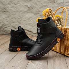 Women's Lace Up Faux Leather Boots Plush Lined Stylish Hook & Loop