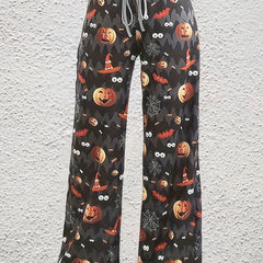  Halloween Pumpkin Print Wide Leg Trousers