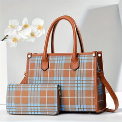 2pcs Plaid Briefcase Set Large Capacity Handbag With Clutch Bag