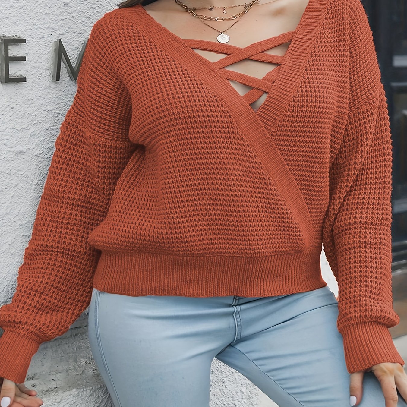  V-Neck Criss Cross Long Sleeve Sweater