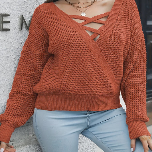  V-Neck Criss Cross Long Sleeve Sweater