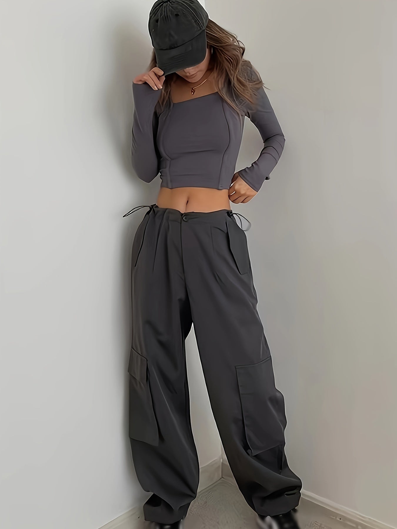  Y2K Cargo Pants Elastic Drawstring High Rise Pockets