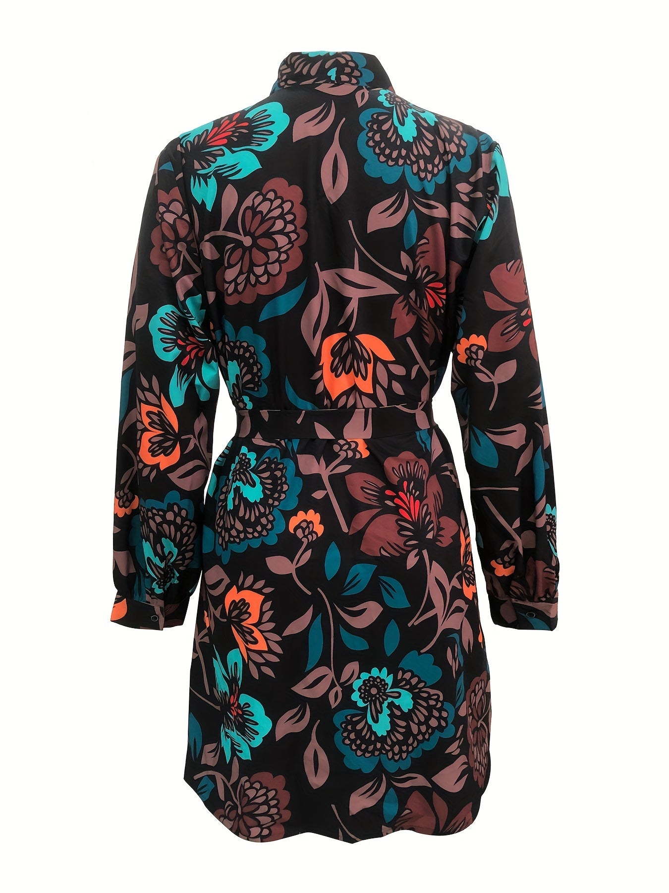 Floral Print Long Sleeve Plus Size Boho Dress with Tie Neck & Belt