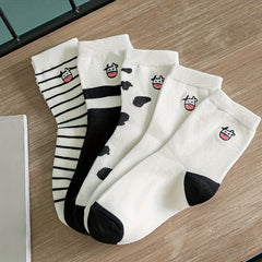 5 Pairs Cartoon Cow Print Socks Women's Comfy Mid Tube Stockings