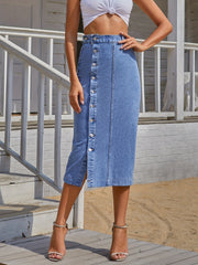 Button Denim Midi Skirt High Waist Split