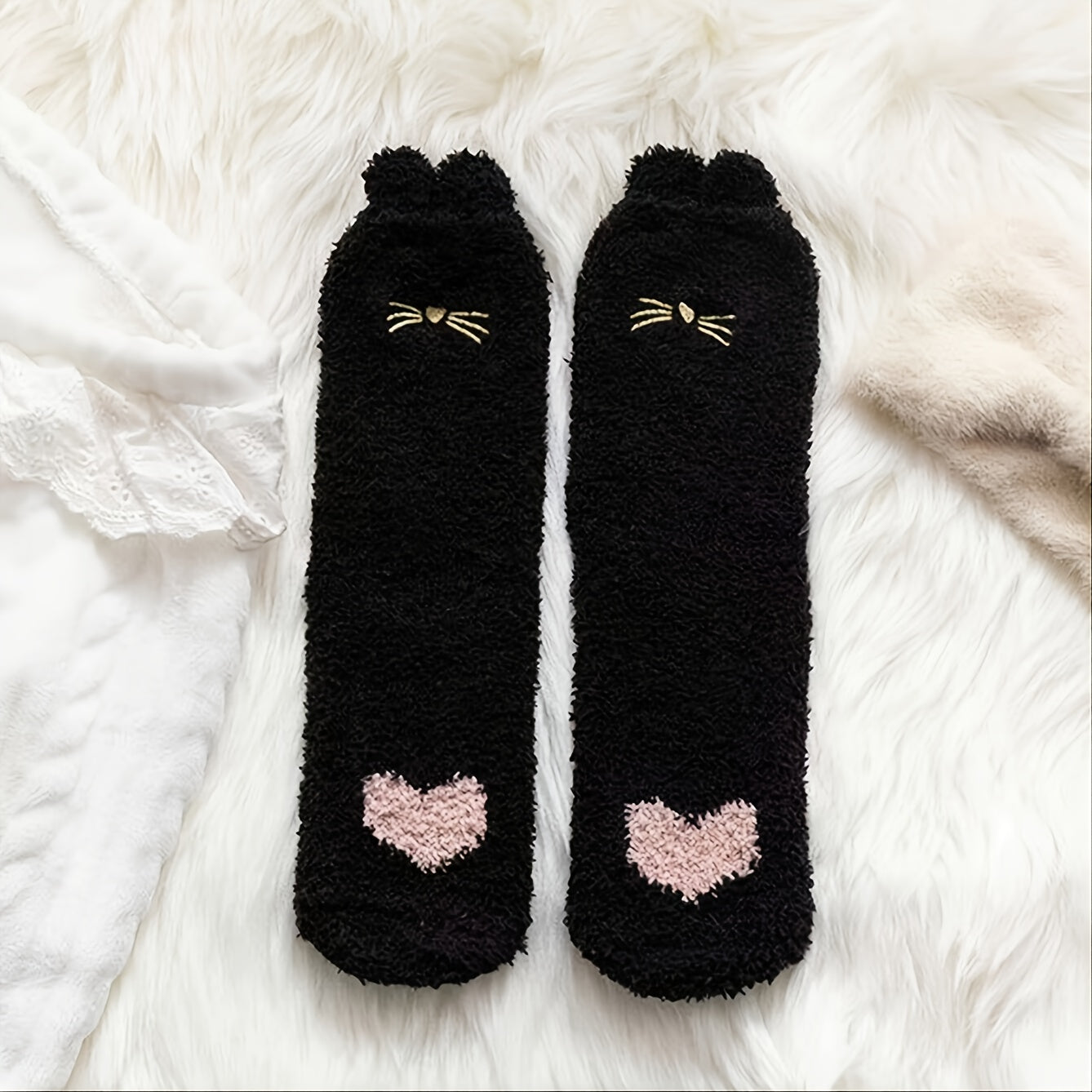 Heart Print Plush Socks Cozy Fluffy Mid Tube Socks Women's Stockings