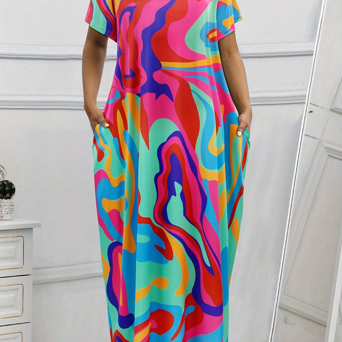  Boho Maxi Dress Short Sleeve Round Neck With Pockets