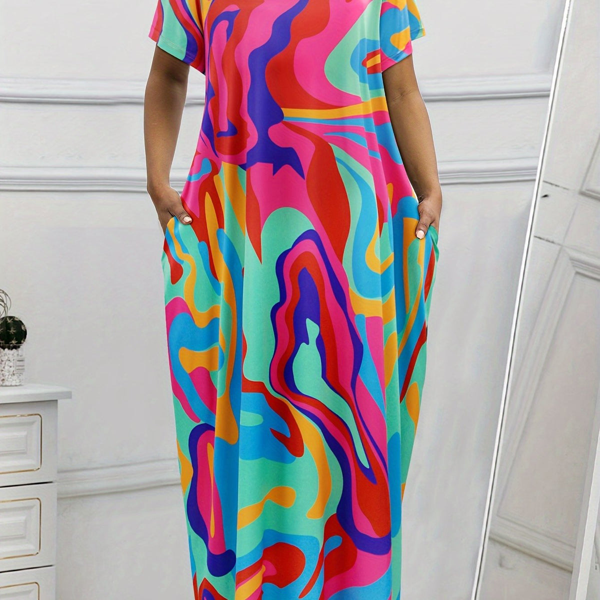  Boho Maxi Dress Short Sleeve Round Neck With Pockets