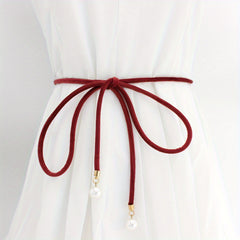 Faux Pearl Pendant Sash Belt Velvet Cloth Knotted Thin Belt