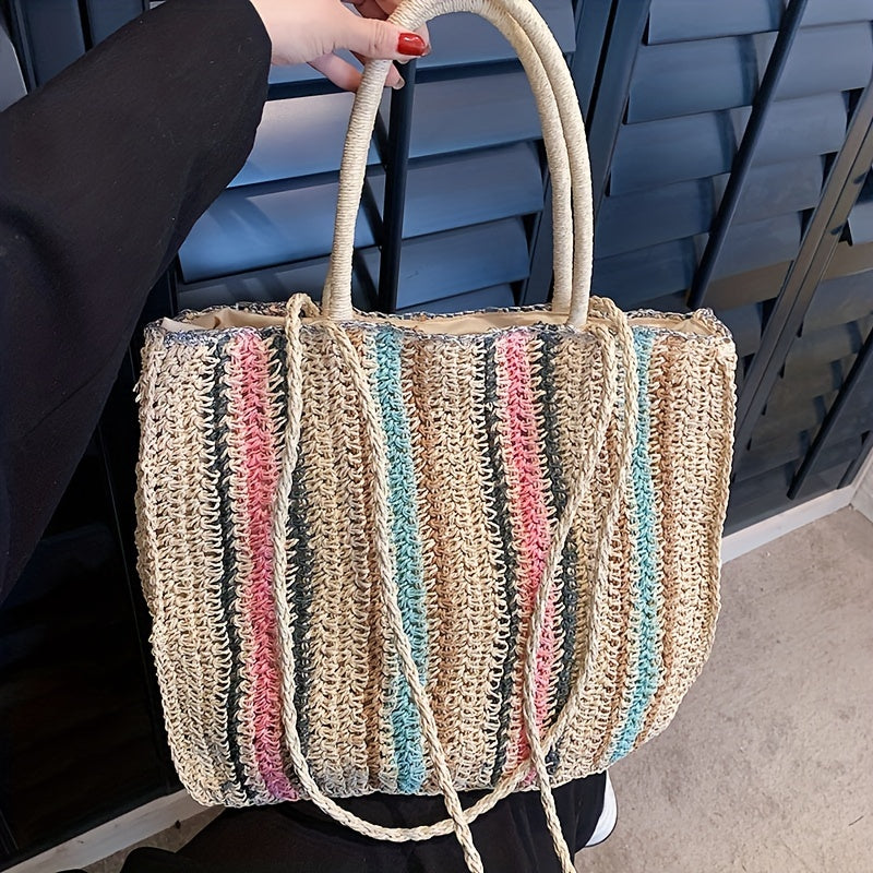 Rainbow Straw Beach Bag Colorblock Shoulder Bag For Travel Vacation