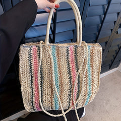 Rainbow Straw Beach Bag Colorblock Shoulder Bag For Travel Vacation