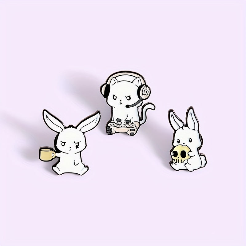Rabbit Cat Enamel Pins Eating Skull Drink Play Games Cartoon Brooches