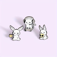 Rabbit Cat Enamel Pins Eating Skull Drink Play Games Cartoon Brooches