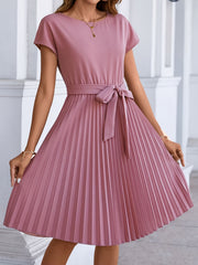 Pleated Tie Front Dress Short Sleeve Casual Solid Dress