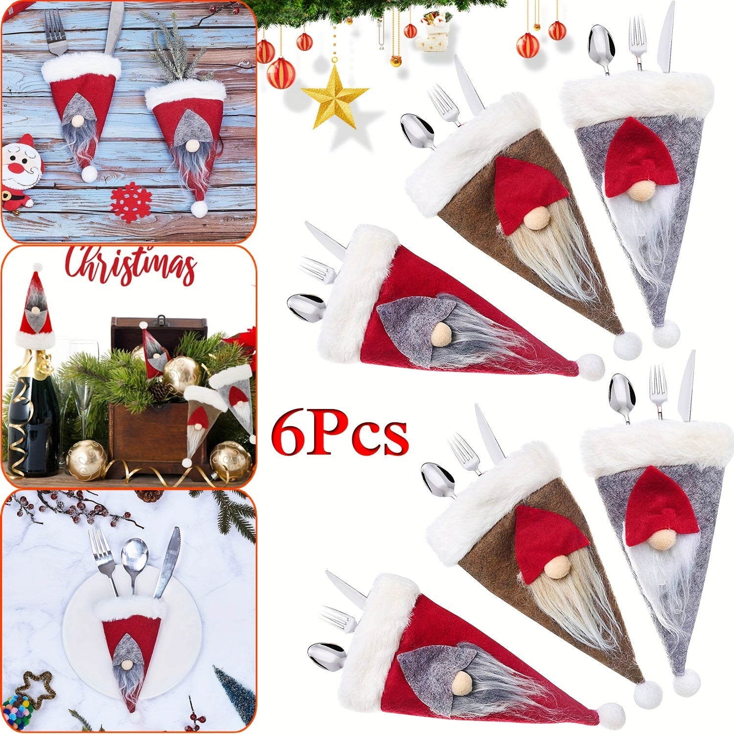 6pcs Christmas Gnome Silverware Holders Santa Faceless Cutlery Bags