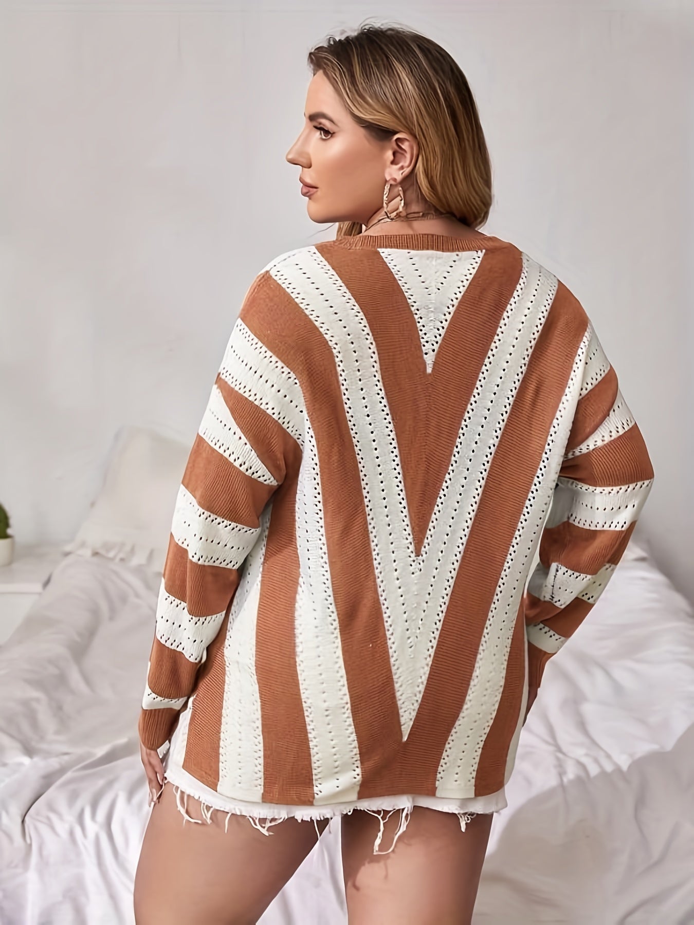  Casual Sweater Women's Plus Colorblock Striped Print