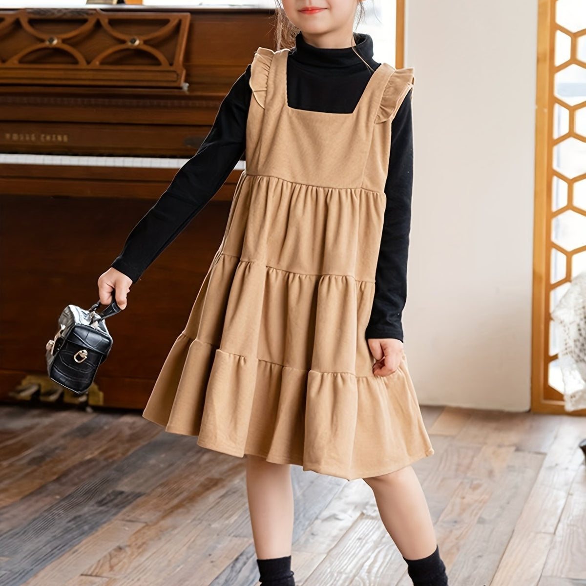 Girls Flutter Trim Suspender Dress Fall Party