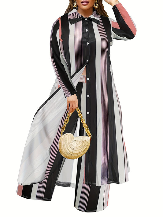 Women's Plus Striped Shirt Dress & Wide Leg Pants Set