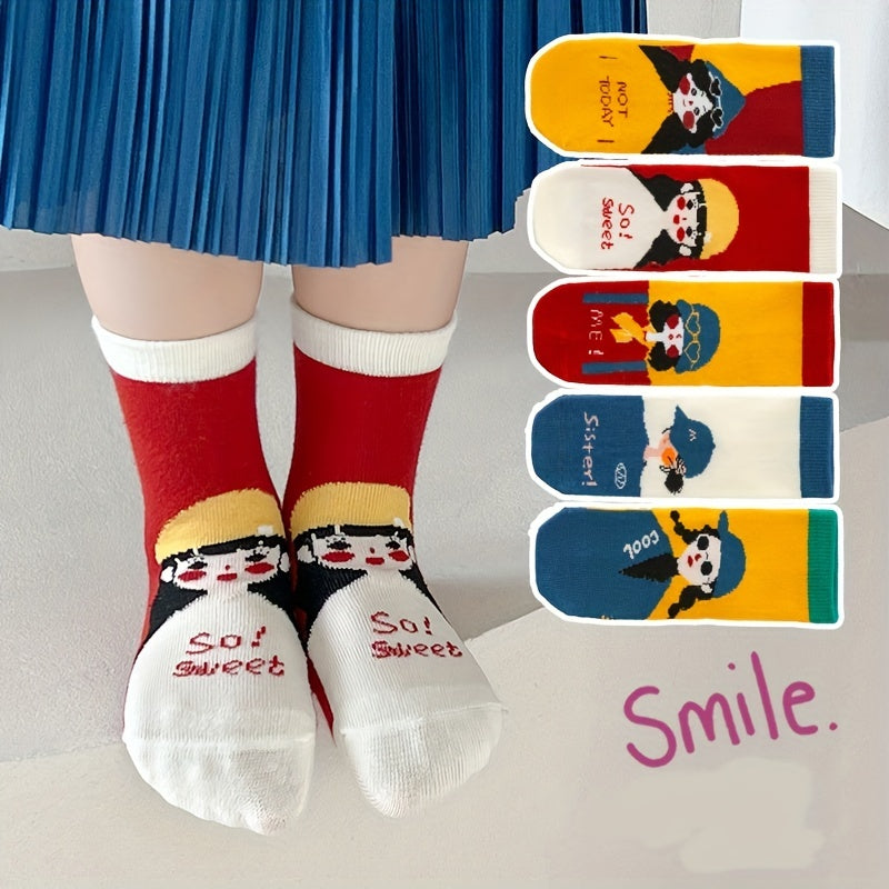 5 Pairs Girls Cartoon Crew Socks Sweet Breathable Children s Socks