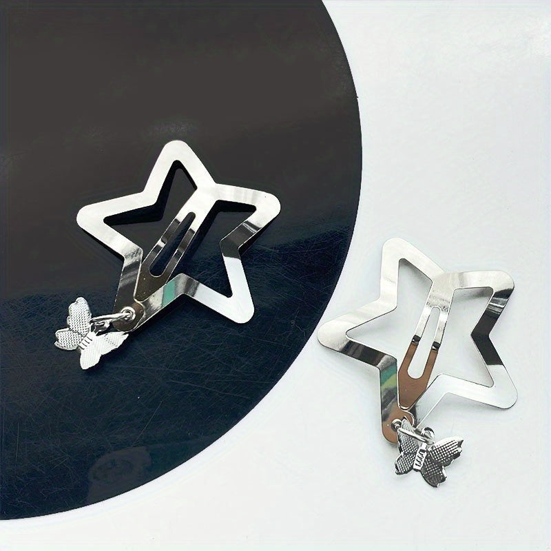 2pcs Y2K Hair Clips Silvery Snap Clips with Moon Butterfly Star Pendant