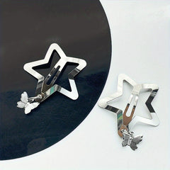 2pcs Y2K Hair Clips Silvery Snap Clips with Moon Butterfly Star Pendant