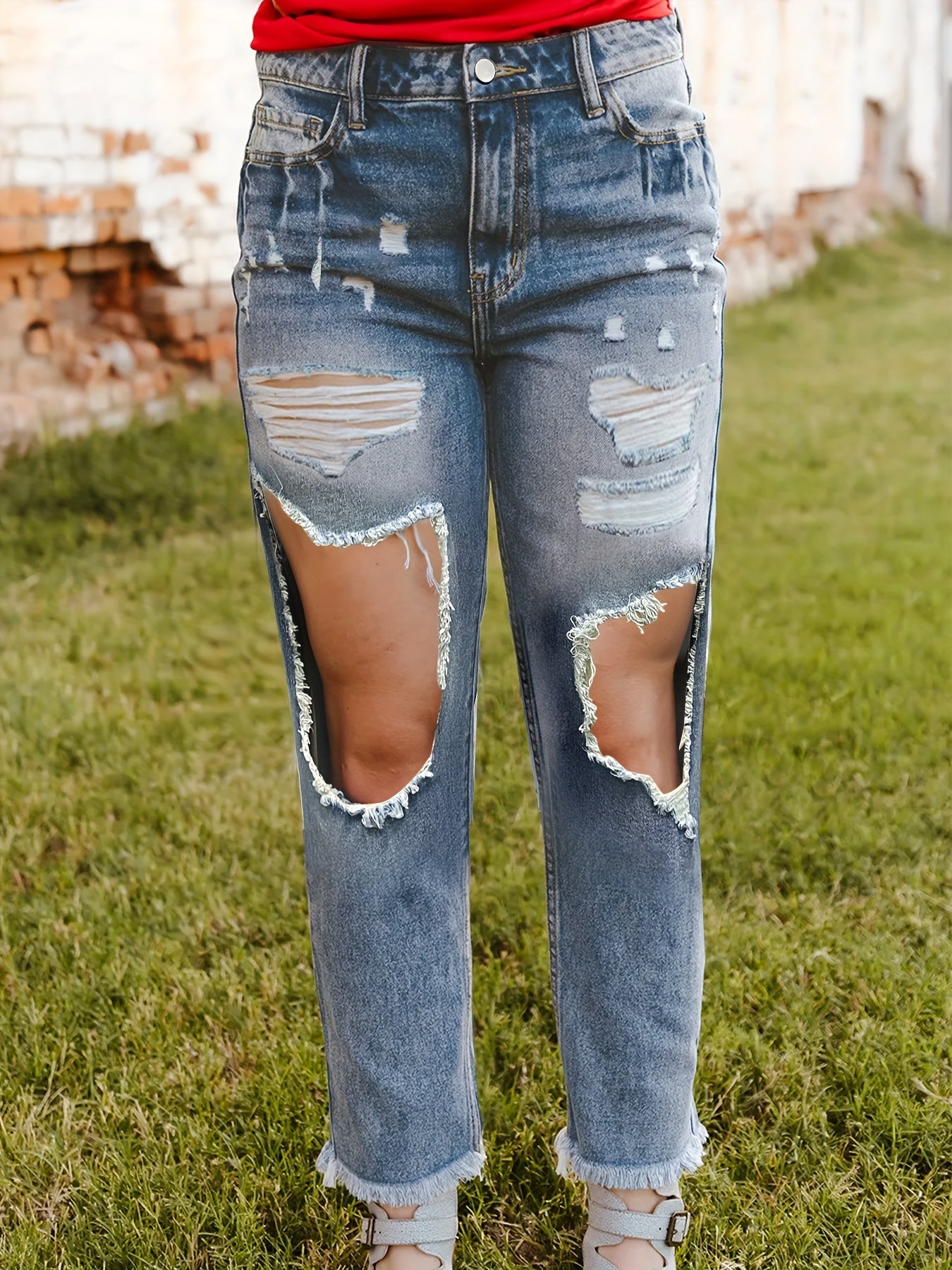  Casual Jeans Women's Plus Washed Ripped Cut Out Button