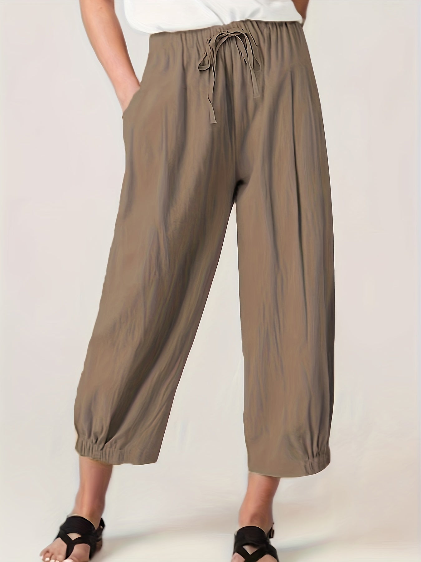 Drawstring Waist Cropped Pants Casual Elastic Trim Pants