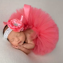 Watermelon Red Tutu Bow Skirt & Flower Headdress for Baby Girls