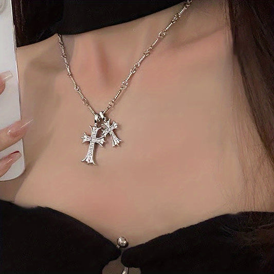 Y2K Double Cross Long Necklace Jewelry Gift