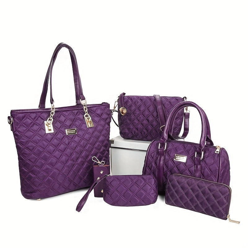 Argyle Pattern Tote Bag Set with Boston Handbag & Shoulder Bag & Purses