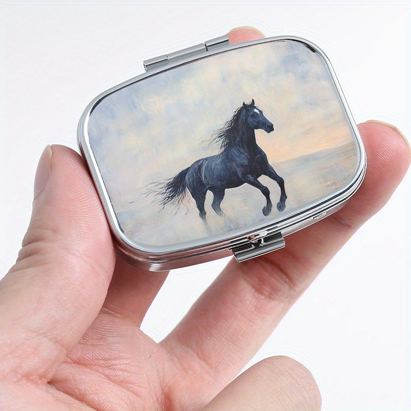 Portable Horse Print Pill Organizer 2 Compartment Metal Case for Travel