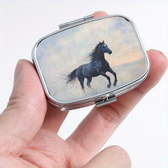 Portable Horse Print Pill Organizer 2 Compartment Metal Case for Travel