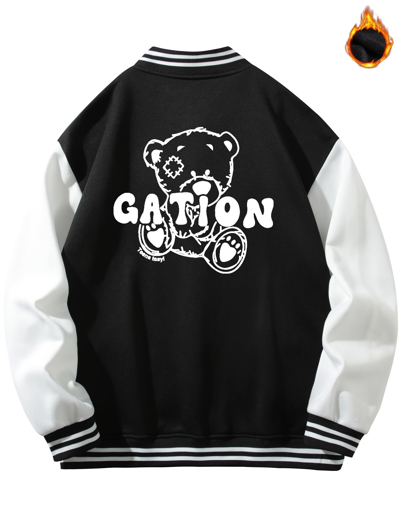 Men's Casual Warm Baseball Jacket With Back Bear Graphic Print